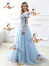 Blue Tulle Puff Sleeve Appliques Prom Dress