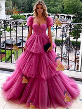 Fuchsia Tulle Puff Sleeve Prom Dress