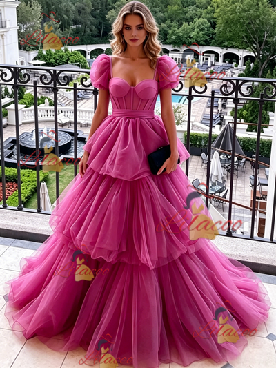 Fuchsia Tulle Puff Sleeve Prom Dress