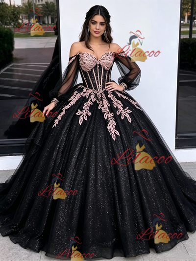 Black Tulle Sequins Long Sleeve Appliques Quinceanera Dress