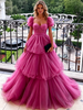Fuchsia Tulle Puff Sleeve Prom Dress