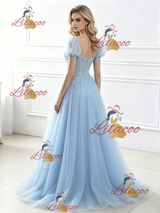 Blue Tulle Puff Sleeve Appliques Prom Dress