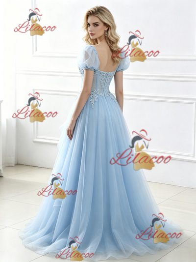 Blue Tulle Puff Sleeve Appliques Prom Dress