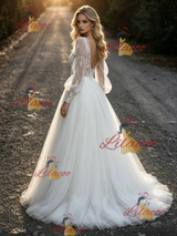 White Tulle Lace Long Sleeve Wedding Dress