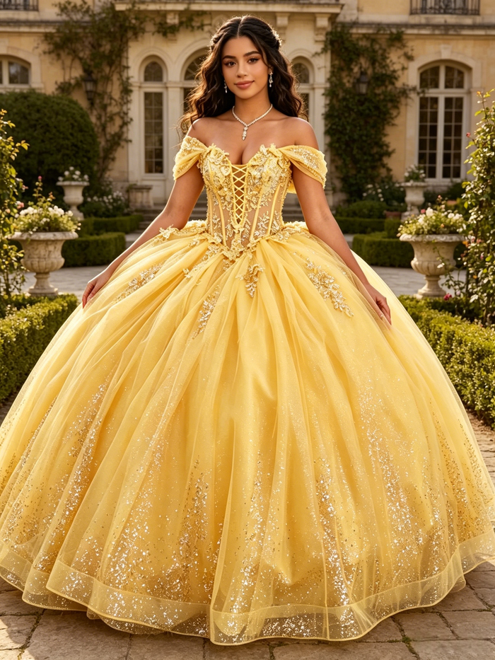 Yellow Tulle Off the Shoulder Appliques Quinceanera Dress