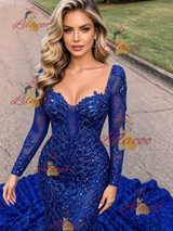 Blue Mermaid Long Sleeve Prom Dress