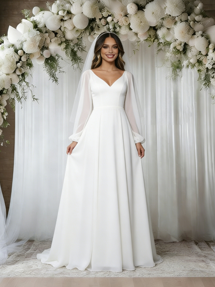 White Long Sleeve V-neck Wedding Dress