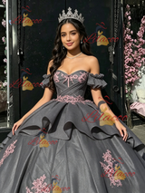 Gray Tulle Off the Shoulder Appliques Quinceanera Dress