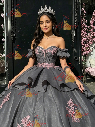 Gray Tulle Off the Shoulder Appliques Quinceanera Dress