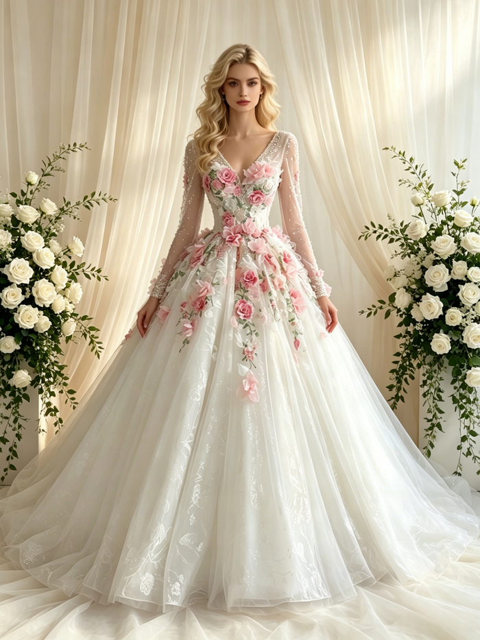 White Tulle V-neck Long Sleeve Appliques Wedding Dress