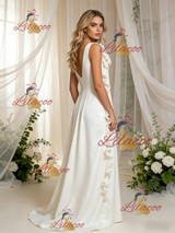 Beige White V-neck 3D Flower Wedding Dress