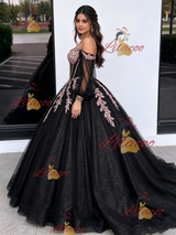 Black Tulle Sequins Long Sleeve Appliques Quinceanera Dress