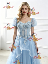 Blue Tulle Puff Sleeve Appliques Prom Dress