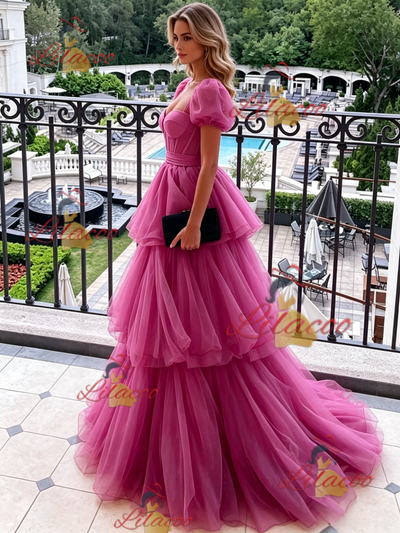 Fuchsia Tulle Puff Sleeve Prom Dress