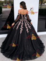 Black Tulle Sequins Long Sleeve Appliques Quinceanera Dress