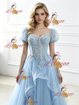 Blue Tulle Puff Sleeve Appliques Prom Dress