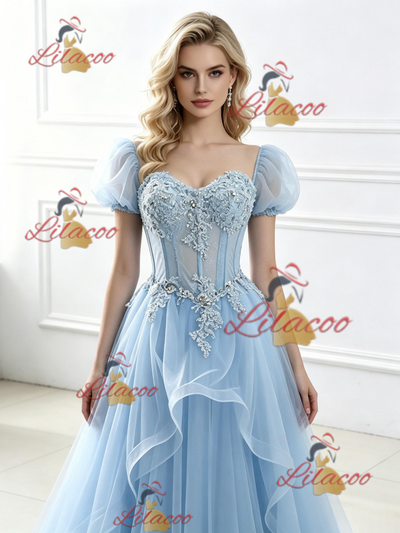 Blue Tulle Puff Sleeve Appliques Prom Dress