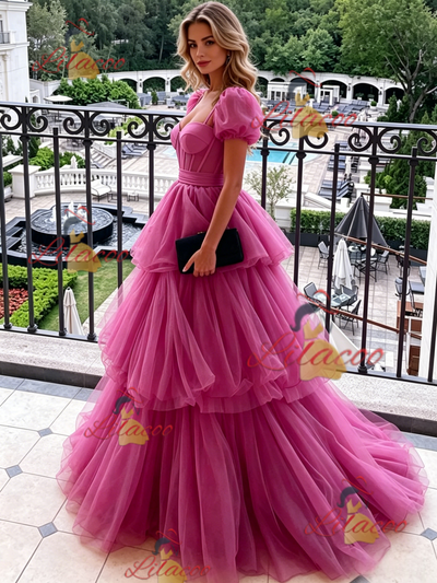 Fuchsia Tulle Puff Sleeve Prom Dress