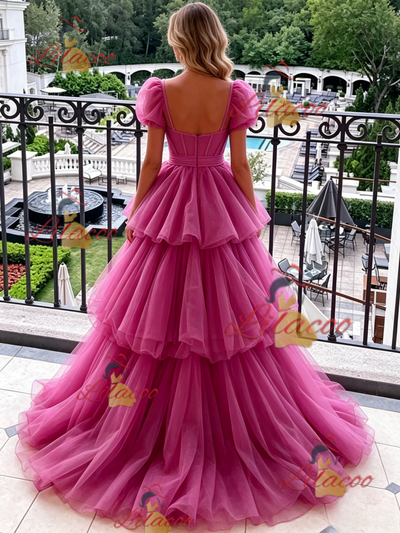 Fuchsia Tulle Puff Sleeve Prom Dress