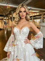White Tulle Lace Appliques Short Sleeve Wedding Dress