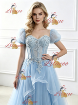 Blue Tulle Puff Sleeve Appliques Prom Dress