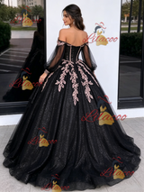 Black Tulle Sequins Long Sleeve Appliques Quinceanera Dress