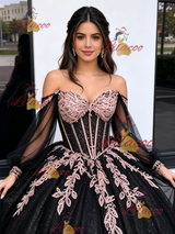 Black Tulle Sequins Long Sleeve Appliques Quinceanera Dress