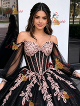 Black Tulle Sequins Long Sleeve Appliques Quinceanera Dress