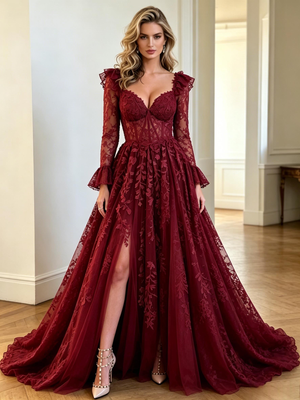 Burgundy Tulle Appliques Long Sleeve Prom Dress