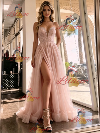 Pink Tulle Spaghetti Straps Prom Dress