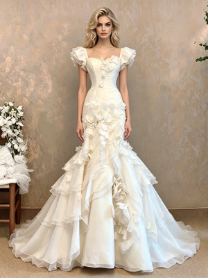 White Mermaid Tulle Straps 3D Flower Wedding Dress
