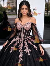 Black Tulle Sequins Long Sleeve Appliques Quinceanera Dress