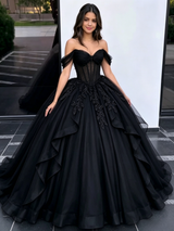 Black Tulle Off the Shoulder Appliques Quinceanera Dress