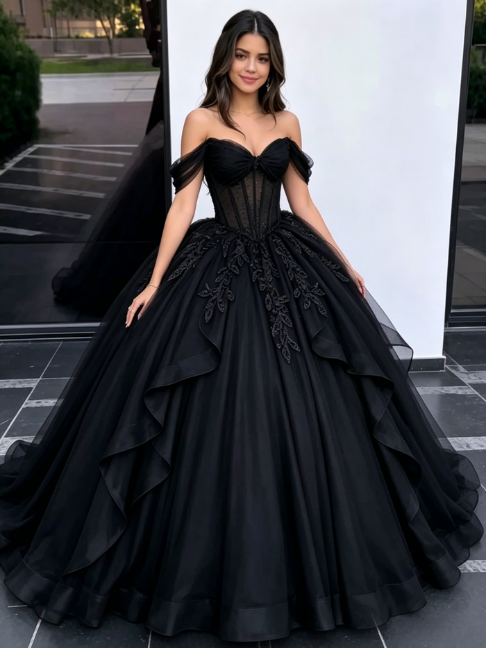 Black Tulle Off the Shoulder Appliques Quinceanera Dress