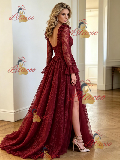Burgundy Tulle Appliques Long Sleeve Prom Dress