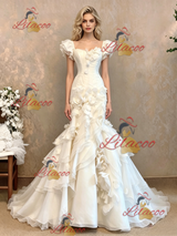 White Mermaid Tulle Straps 3D Flower Wedding Dress