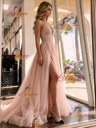 Pink Tulle Spaghetti Straps Prom Dress