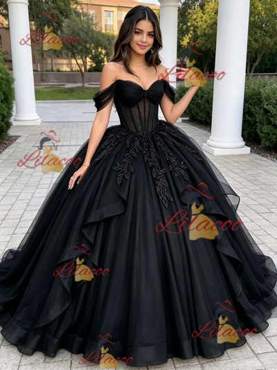 Black Tulle Off the Shoulder Appliques Quinceanera Dress