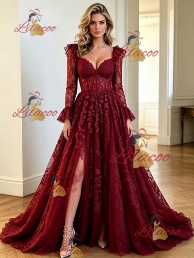 Burgundy Tulle Appliques Long Sleeve Prom Dress