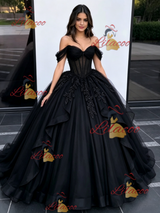 Black Tulle Off the Shoulder Appliques Quinceanera Dress
