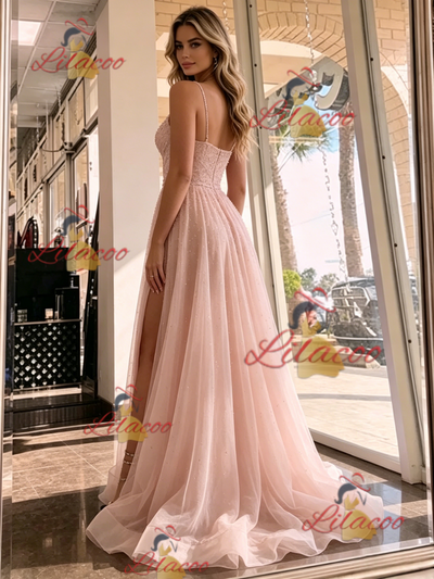 Pink Tulle Spaghetti Straps Prom Dress