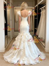 White Mermaid Tulle Straps 3D Flower Wedding Dress