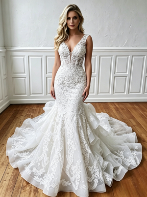 White Mermaid Appliques V-neck Wedding Dress