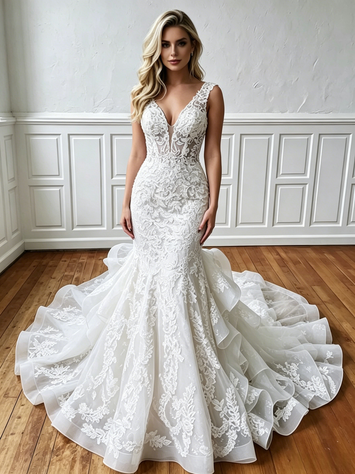 White Mermaid Appliques V-neck Wedding Dress