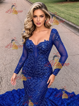 Blue Mermaid Long Sleeve Prom Dress
