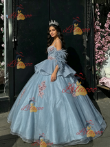 Blue Tulle Appliques Straps Quinceanera Dress