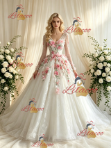 White Tulle V-neck Long Sleeve Appliques Wedding Dress