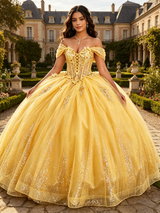 Yellow Tulle Off the Shoulder Appliques Quinceanera Dress