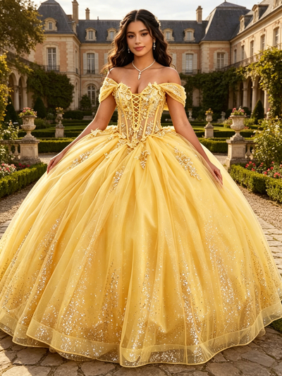 Yellow Tulle Off the Shoulder Appliques Quinceanera Dress