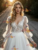 White Tulle Lace Long Sleeve Wedding Dress